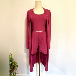 3 pcs Ribbed Knit Lounge. Shorts With long Cardigan